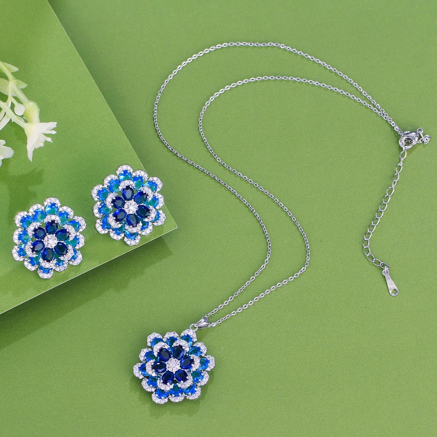 ThreeGraces 2025 New Fashion Blue Zirconia 3D Design Big Flower Earrings and Pendant Necklace Party Jewelry Set for Women J722