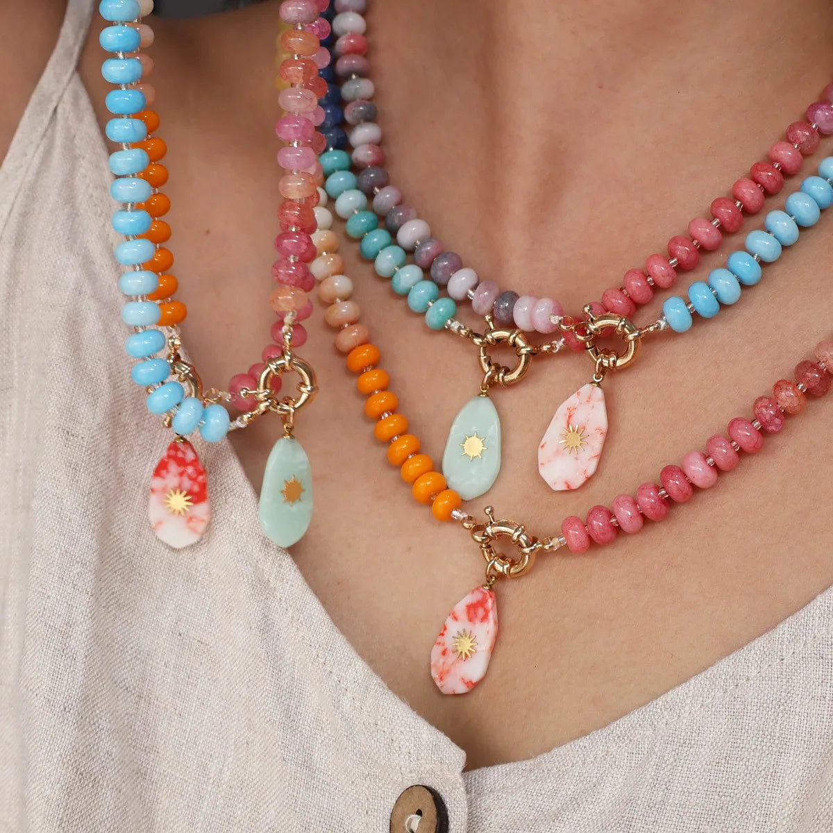 Colorful Natural Stone Beaded Pendant Necklace with Gold Color Star Boho Handmade Beads Choker Summer Beach Vacation Jewelry