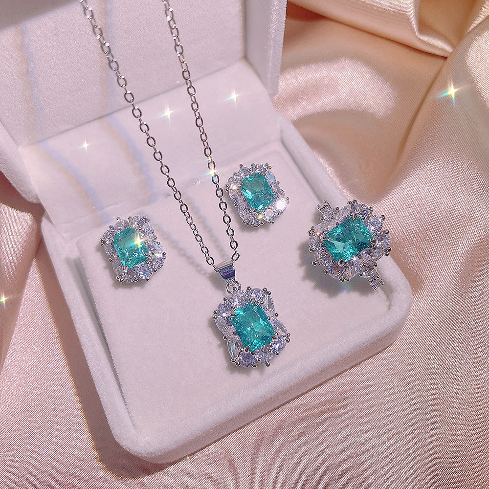 New Paraiba Women's Jewelry Set Princess Bling Bling Zircon Stud Earrings Pendant Adjustable Ring Three Piece Set Party Gift