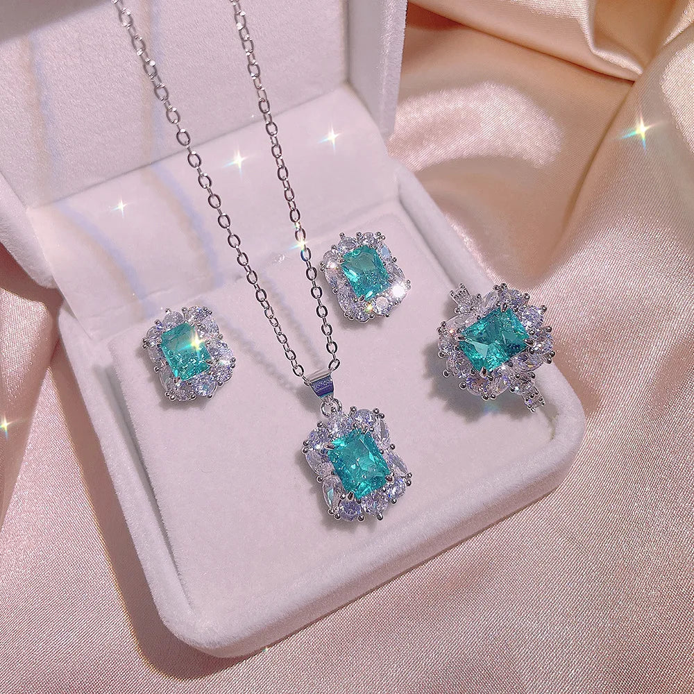 New Paraiba Women's Jewelry Set Princess Bling Bling Zircon Stud Earrings Pendant Adjustable Ring Three Piece Set Party Gift