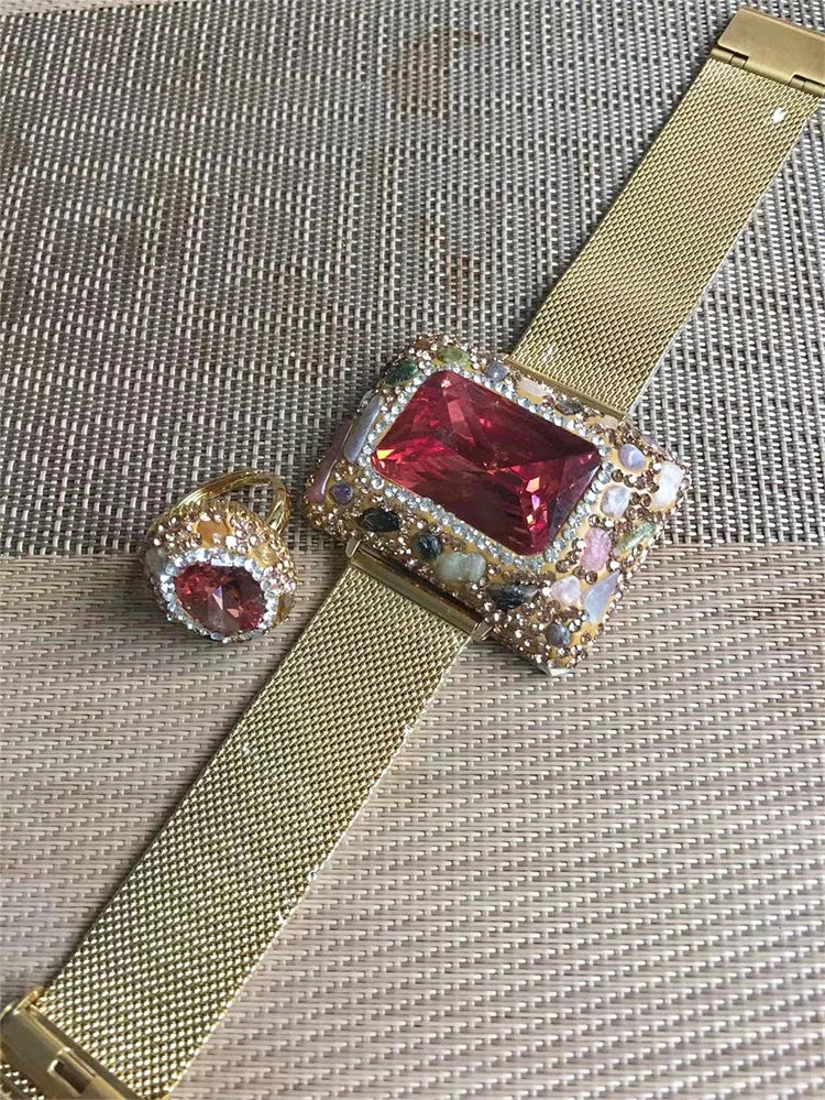 Color Changing Sultanite Crystal Bangle Rings Sets for Women Stainless Steel Watch Belt Chain Bracelet Zultanite Quartz Jewelry