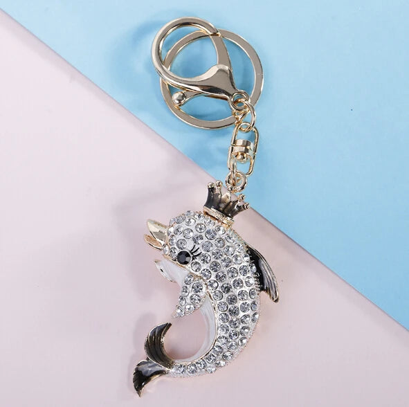 Fashion Rhinestone Crystal Metal Keychain Lovely Cartoon Marine Style Tortoise Fish Dolphin Keyring HandBag Car Pendant Gift