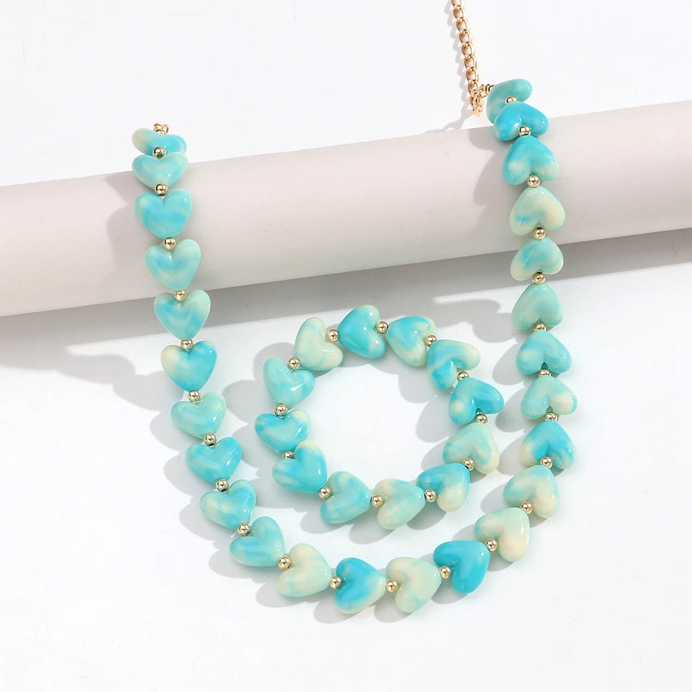 New Colorful Acrylic Geometric Heart Beaded Necklace Bracelet Set Fashion Love Heart Beads Choker Necklace Women Jewelry Gifts