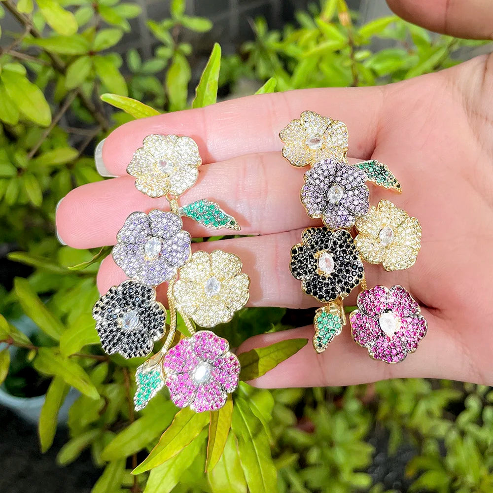 ThreeGraces Beautiful Cubic Zirconia Long Multicolor Flower Dangle Drop Earrings for Women Trendy Wedding Party Jewelry ER846
