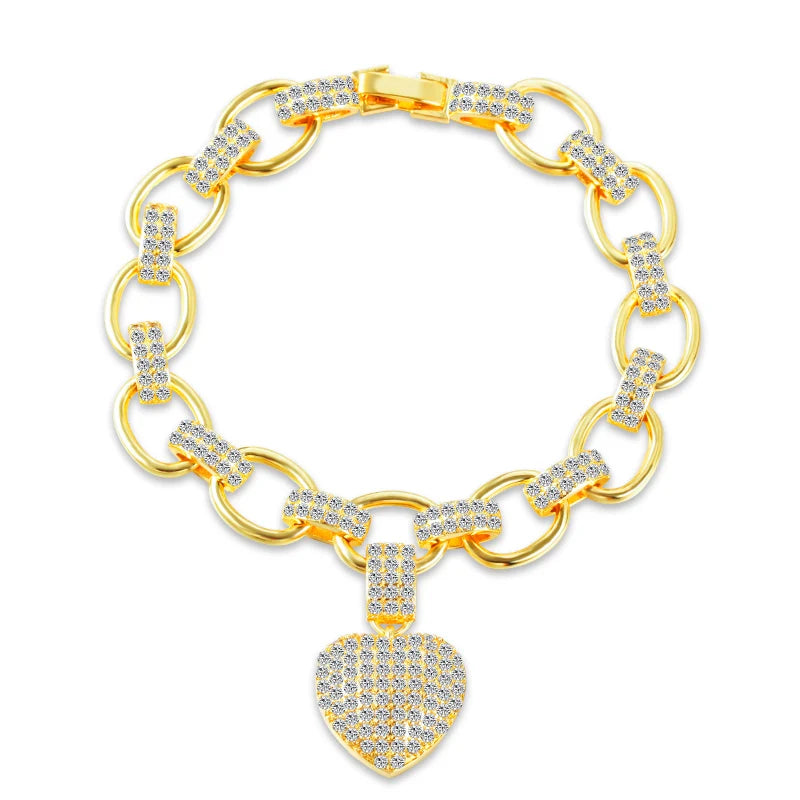 ThreeGraces Luxury Shiny Zirconia Love Heart Charm Cuban Link Chain Bracelet for Women Fashion Daily Party Jewelry BR342