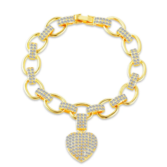 ThreeGraces Luxury Shiny Zirconia Love Heart Charm Cuban Link Chain Bracelet for Women Fashion Daily Party Jewelry BR342