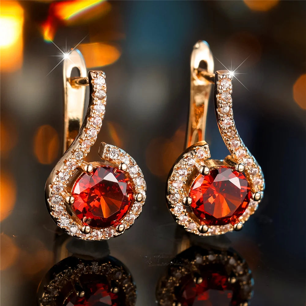 Charm Female White Red Round Zircon Stone Hoop Earrings Fashion Gold Color Wedding Jewelry For Women