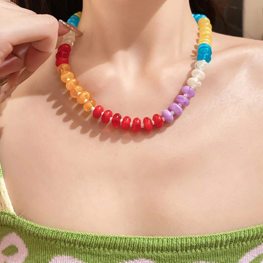 European American Jewelry Rainbow Acrylic Beaded Clavicle Chain Dopamine Sweet Irregular Necklace for Women