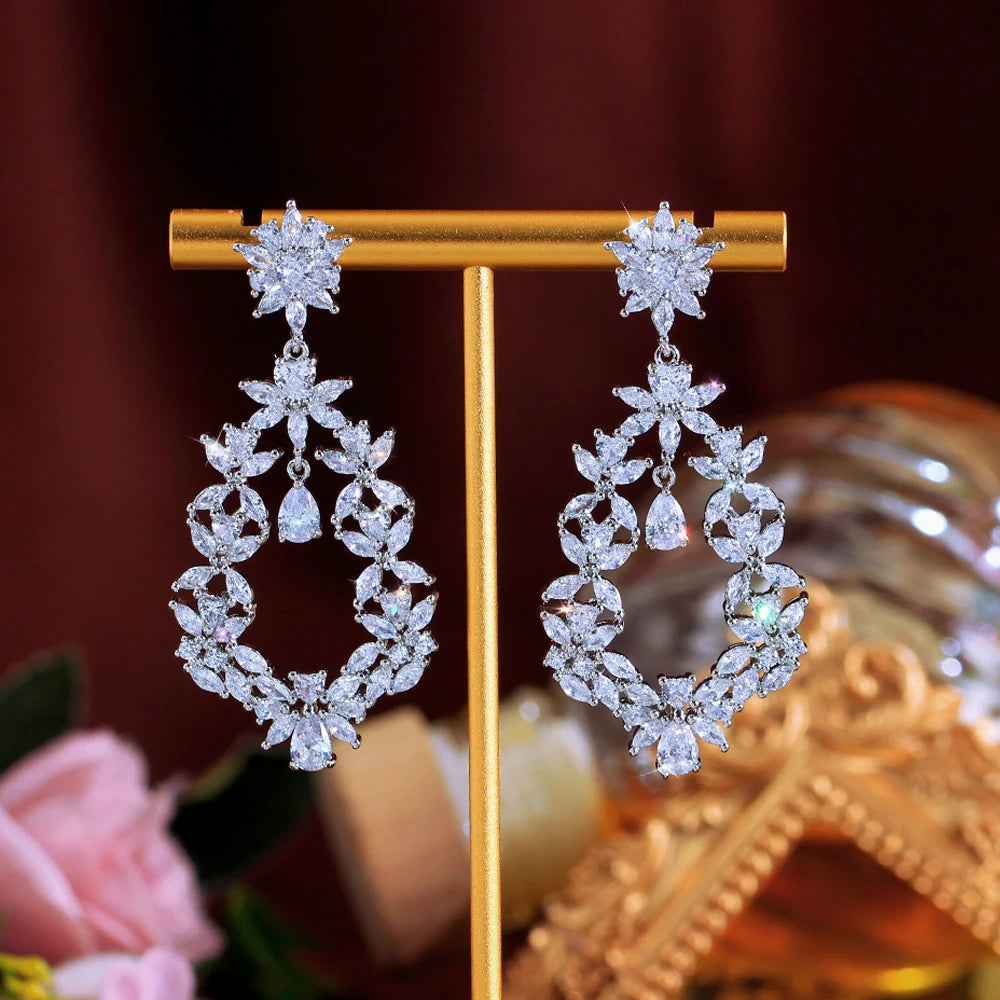 ThreeGraces Shining White Cubic Zirconia Big Long Flower Dangle Bridal Earrings for Women Fashion Wedding Party Jewelry E2018