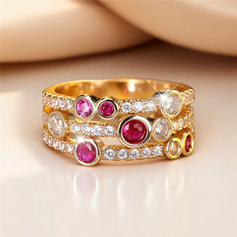 Cute Female Rose Red Zircon Stone Gold Color Wedding Jewelry Promise Engagement Rings For Women
