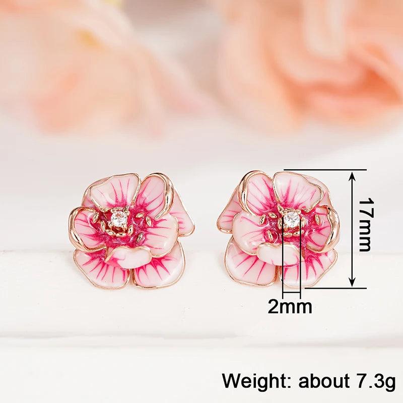 Huitan Aesthetic Women Stud Earrings Pink Flower Shaped Party Daily Lady Accessories Wedding Elegant Trendy Jewelry with CZ