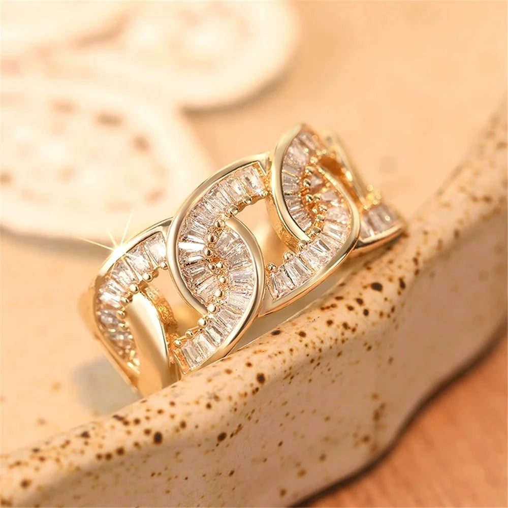 Luxury Female Yellow Gold Color White Zircon Stone Wedding Jewelry Promise Love Engagement Rings For Women