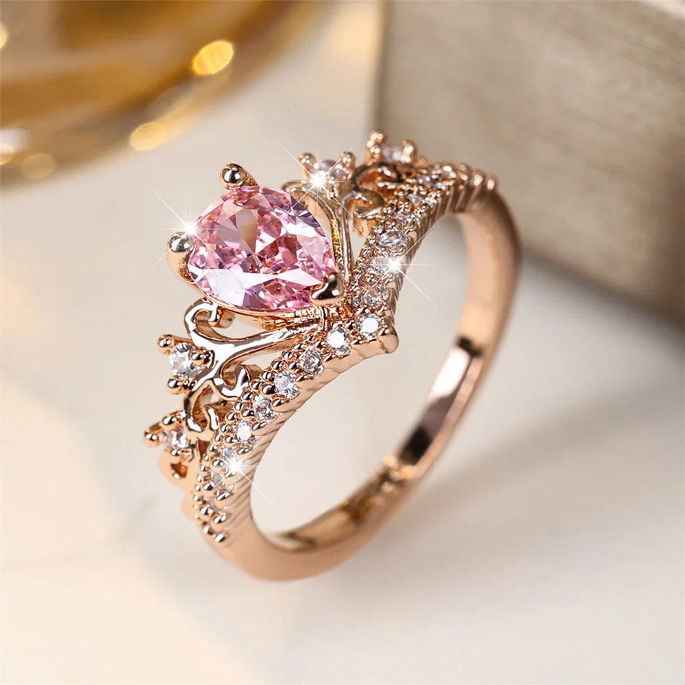 Luxury Female Pink Water Drop Zircon Stone Ring Dainty Rose Gold Color Wedding Jewelry For Women