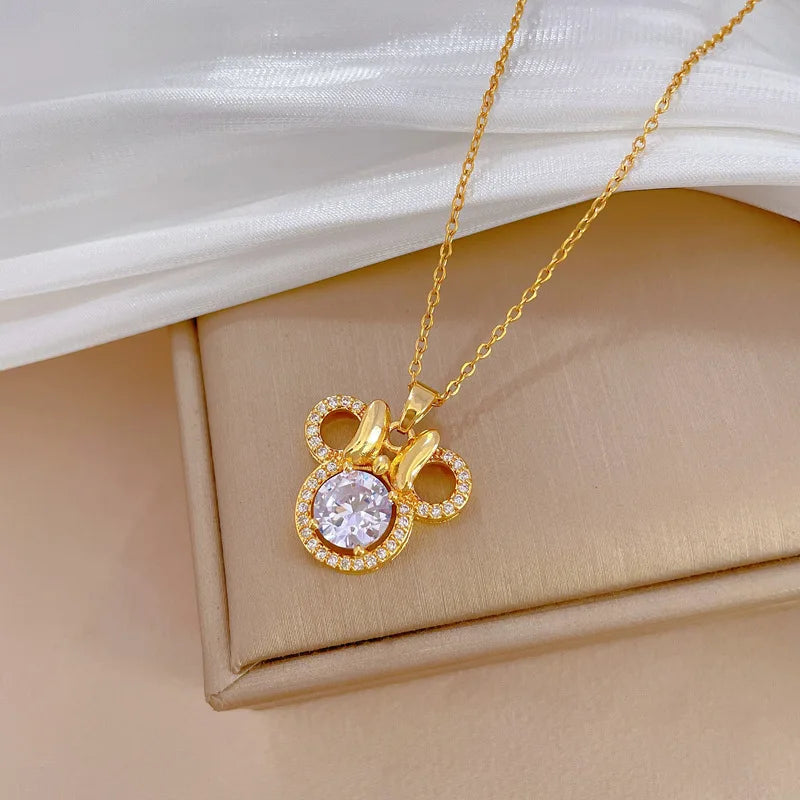 Cute Mouse Bow Minnie Rhinestone Necklace for Women Party Accessories Jewelry Cartoon Choker Necklace Titanium Steel