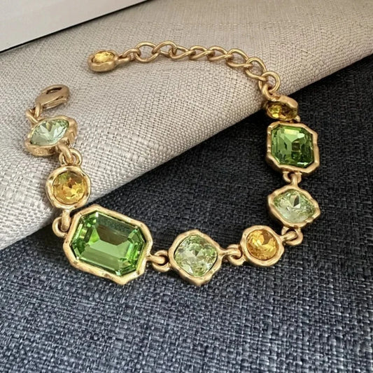 YEEVAA Vintage Gold Tone Multicolor Crystal Link Bracelet, Emerald Cut Gemstone Statement Bracelet for Women Fashion Jewelry