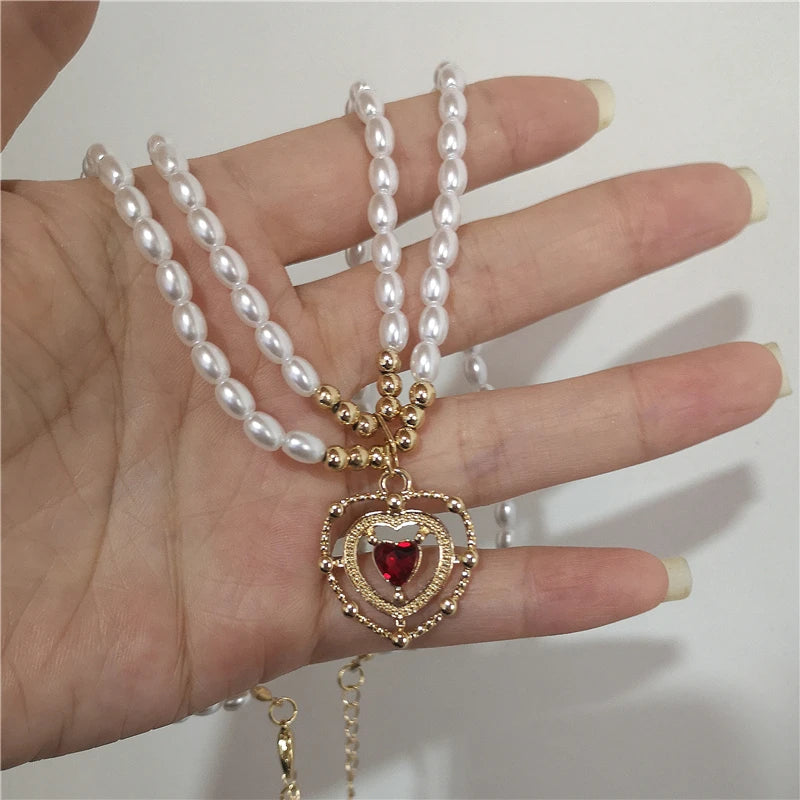 Kpop Vintage Baroque Red Crystal Heart Pendant Pearl Chain Necklace For Women Jewelry Wedding Christmas Gift Y2K Accessories