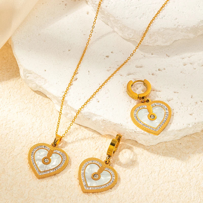 ANENJERY 316L Stainless Steel Double sided Heart Shiny Zircon Necklace Earrings For Women Niche Vintage Jewelry Gifts Wholesale