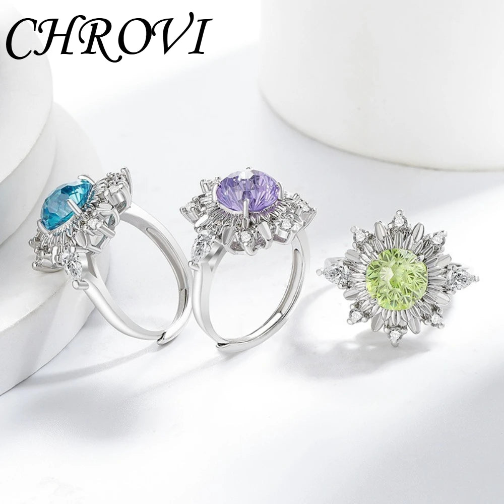 Luxurious 925 sterling silver gemstone flower chrysanthemum ring for women - ultra-shiny sunflower style finger ring