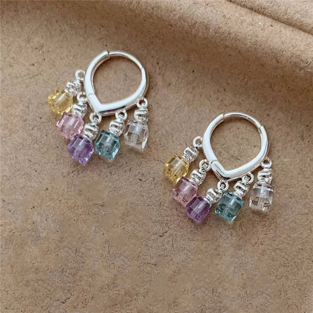 Simple Luxury Charm Female Small Geometric Rainbow Zircon Stone Drop Dangle Earrings Cute Silver Color Party Jewelry For Women