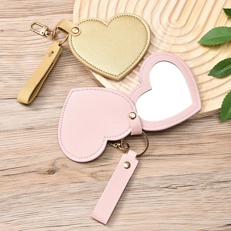 Multi-functional Heart Shape PU Leather Makeup Mirror Creativity Keychain Portable Compact with Chain for Purse Travel Gift