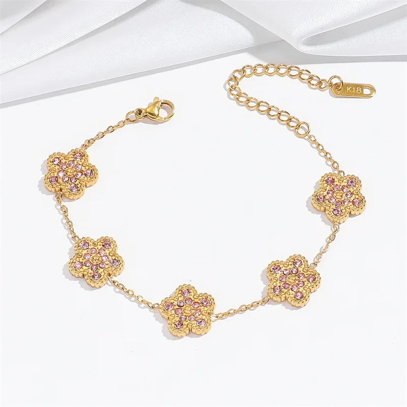 EILIECK New Fashion Stainless Steel Pink Zircon Clover Necklace Bracelet Earrings Set For Women Trendy Flower Jewelry Set Gift