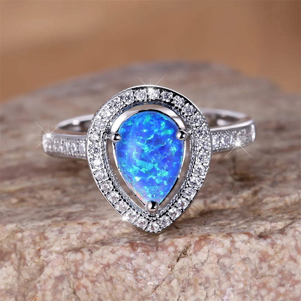 Cute Water Drop Stone Ring Blue Fire Opal Wedding Rings For Women Silver Color Engagement Jewelry Accessory Mother's Day Gifts