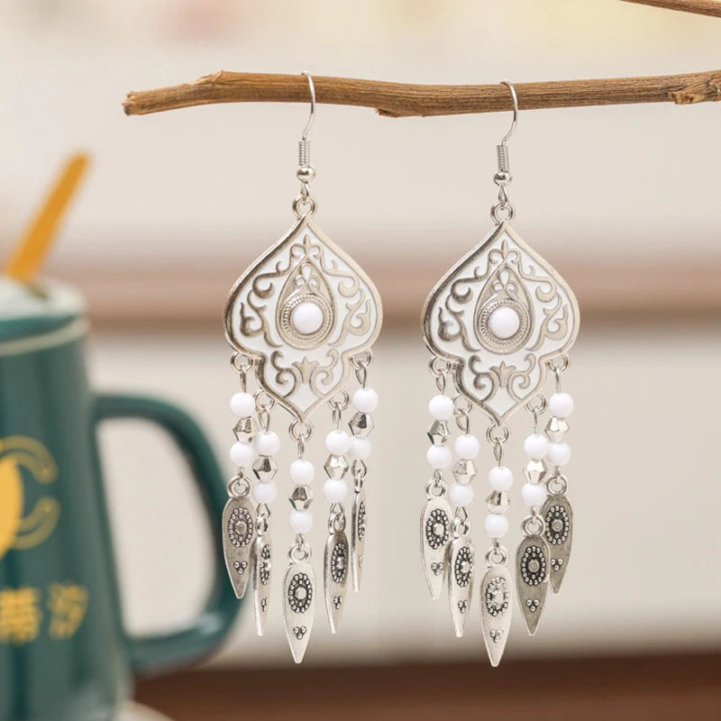 Ethnic Unique Pattern Geometric Charm Earrings for Women Creative Drop Oil Colorful Beads Metal Tassel Hanging Earrings Jewelry
