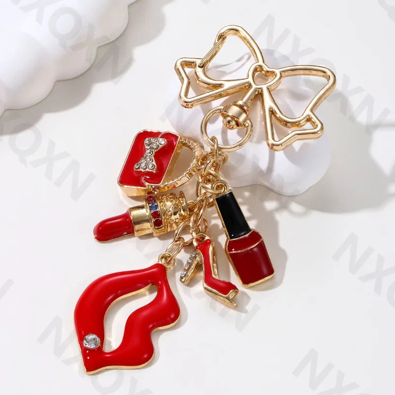 Cartoon Flamingo Lips High Heels Heart Keychain Pretty Handbag Enamel Key Ring For Friends Women Girl Festival Gifts DIY Jewelry
