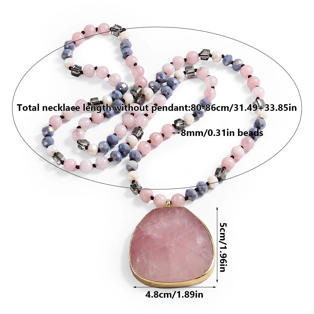 Women Fashion Bohemian Style 8mm Multicolor Natural Stone Glass Knotted Necklace Irregular Cut Surface Heavy Stone Pendant
