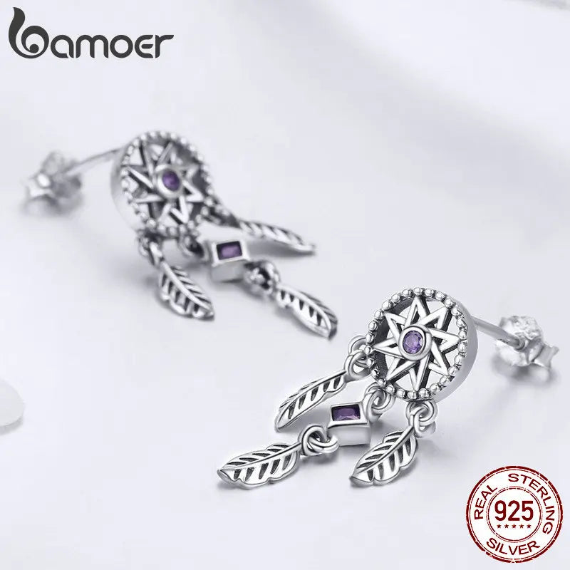 Bamoer 925 Sterling Silver Vintage Dream Catcher Drop Earrings for Women Purple Cubic Zircon Sterling Silver Jewelry SCE502