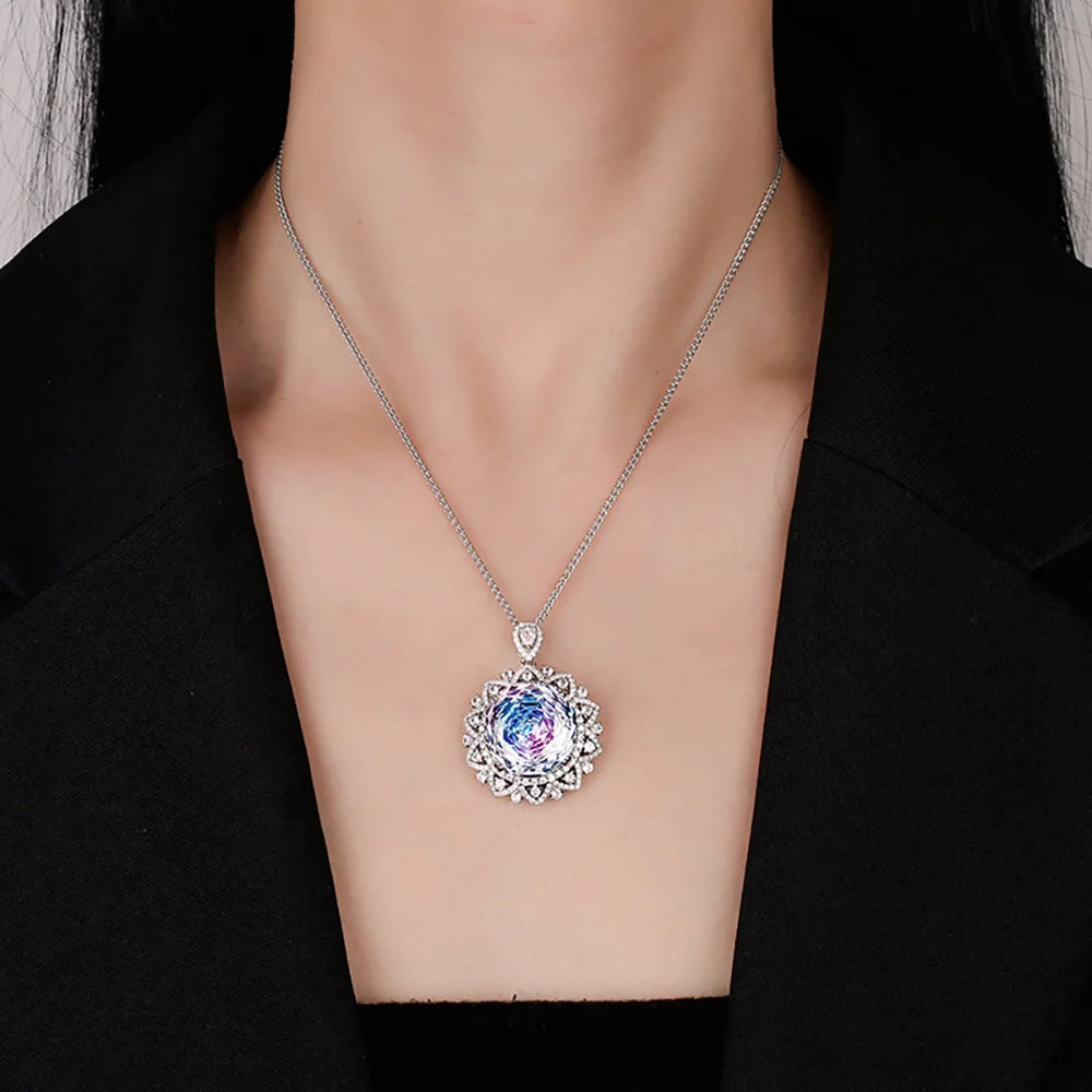 Retro 18mm Amethyst Pink Quartz Tourmaline Pendant Necklace for Women Lab Diamond Cocktail Party Fine Jewelry Accessories Gift