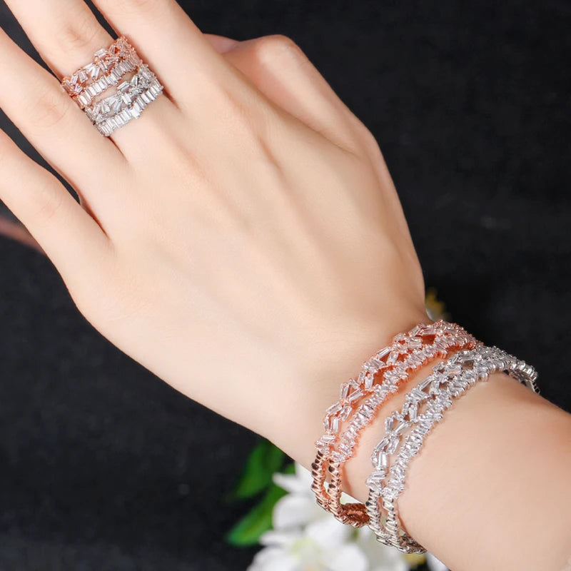 ThreeGrace Fashion Sparkling Cubic Zirconia Adjustable Size Bangle Ring Set for Women New Trendy Wedding Party Jewelry JS538