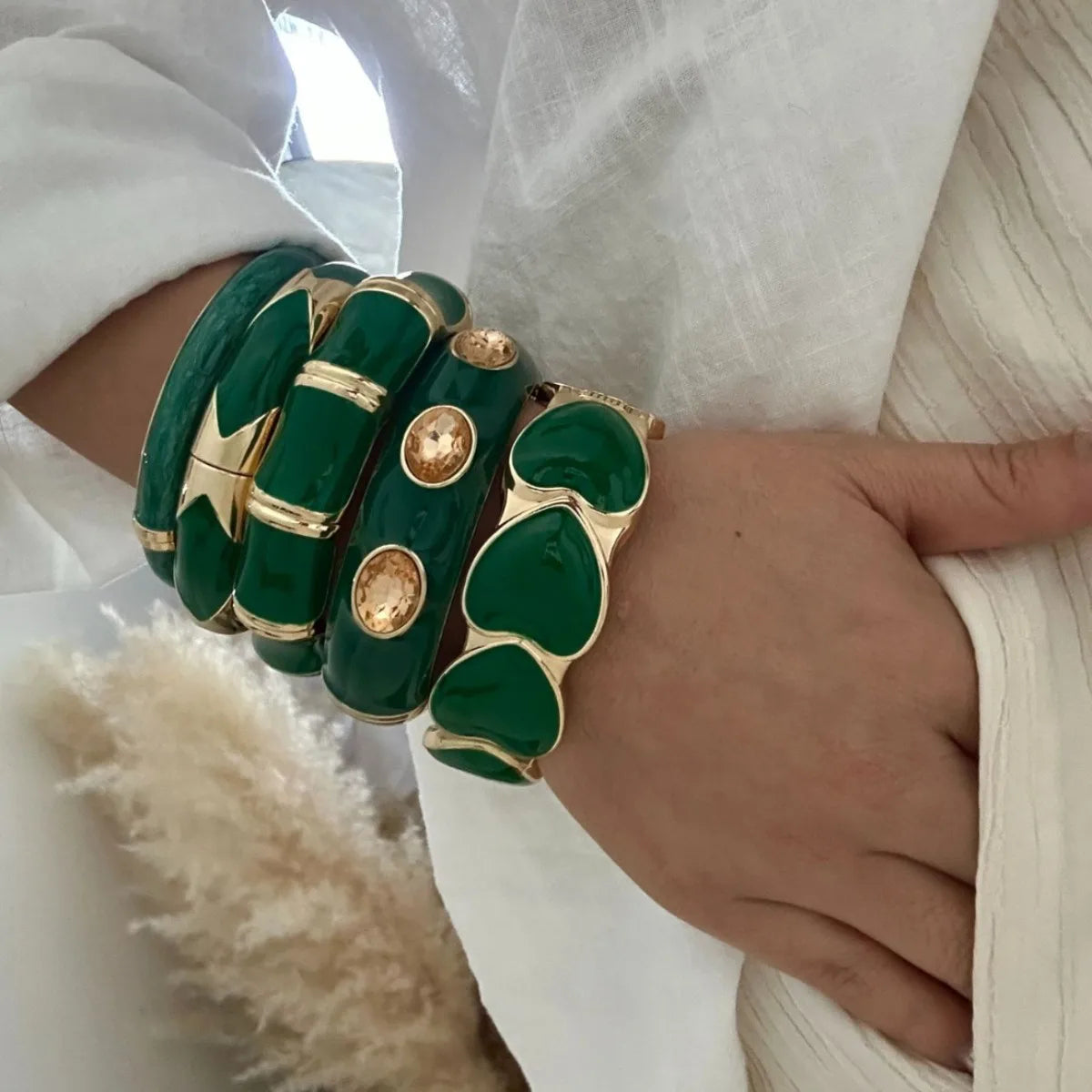 KMVEXO Vintage Exaggerated Green Drip Oil Irregular Grid Water Rhinestone Geometric Wide Bangle Chunky Cuff Bracelet Jewelry