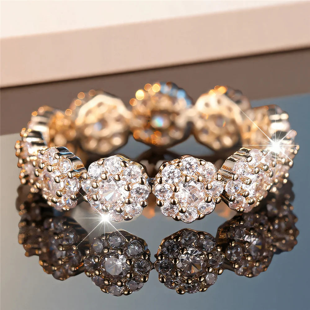 Cute Female White Zircon Stone Flower Ring Gold Color Engagement Charm Wedding Jewelry For Women