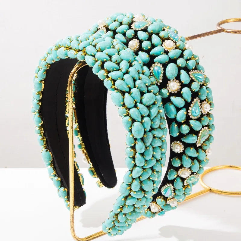 Baroque Headband for Women Heavy Craft Turquoise Pearl Hair Hoop Vintage Court Luxury Hair Accessories Party Statement Hairband
