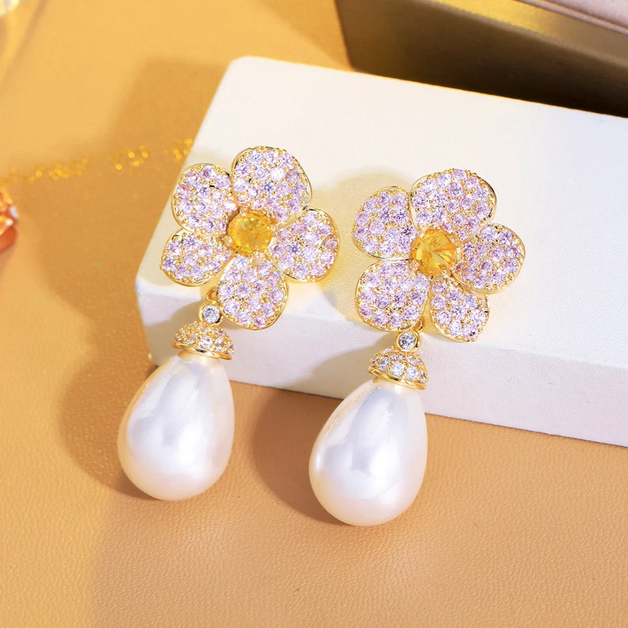 ThreeGraces Elegant Pink Yellow Cubic Zirconia Flower Shape Simulated Pearl Drop Earrings for Women Fashion Party Jewelry E1801
