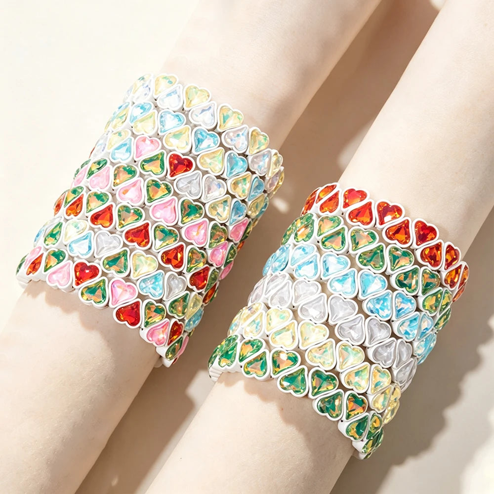 BEUTIFOR Zirconia Double Love Beads Elastic Bangles For Women and Girl Y2K Bohemian Layered Wrap Bracelets Accessory