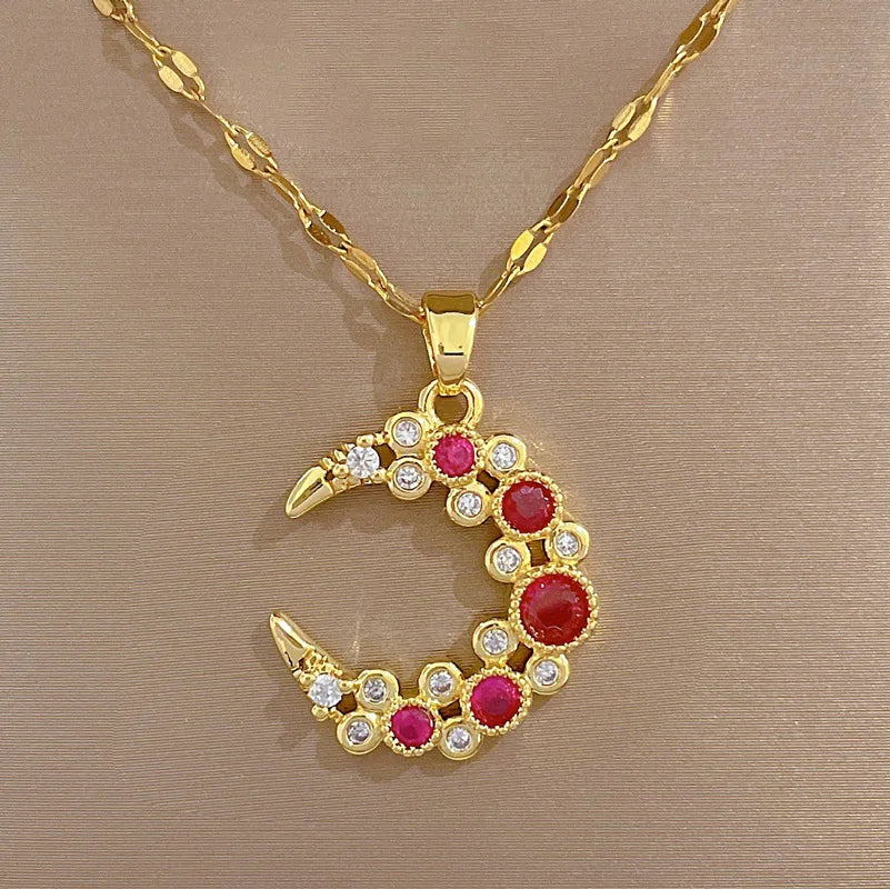 316L Stainless Steel Bending Moon Pendant Necklace For Women Girl New Trend Gold Color Crystal Neck Chain Jewelry Gift