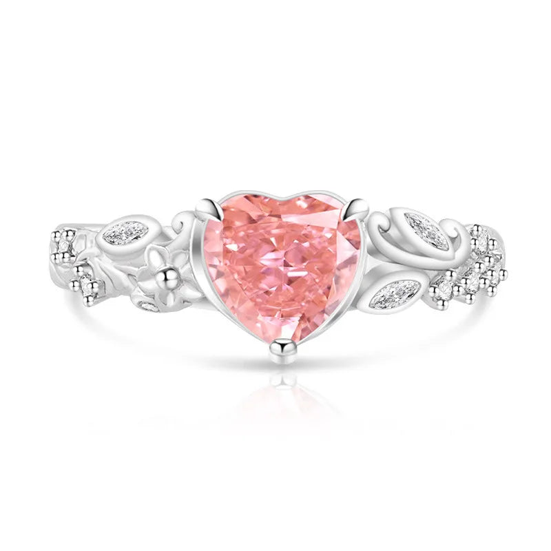 925 Sterling Silver Heart Ice Flower Cut Solitaire Ring, Antique Floral Band with Marquise Side Zircon, Ladies Party Jewelry