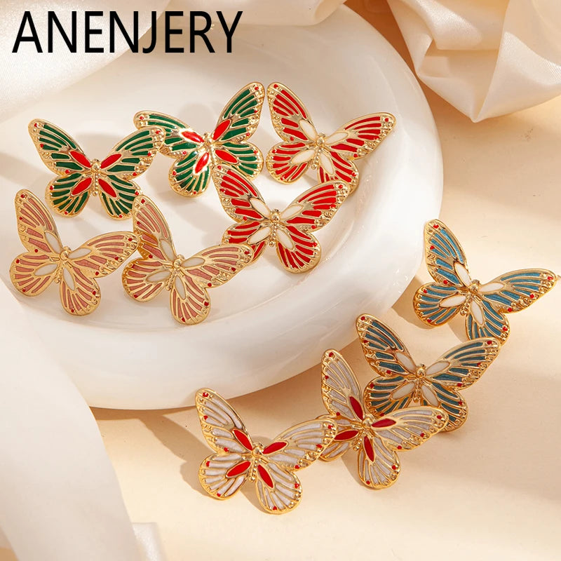 ANENJERY 316L Stainless Steel White Shell Butterfly Stud Earrings For Women Vintage French Delicate Lady Jewelry Gifts Wholesale