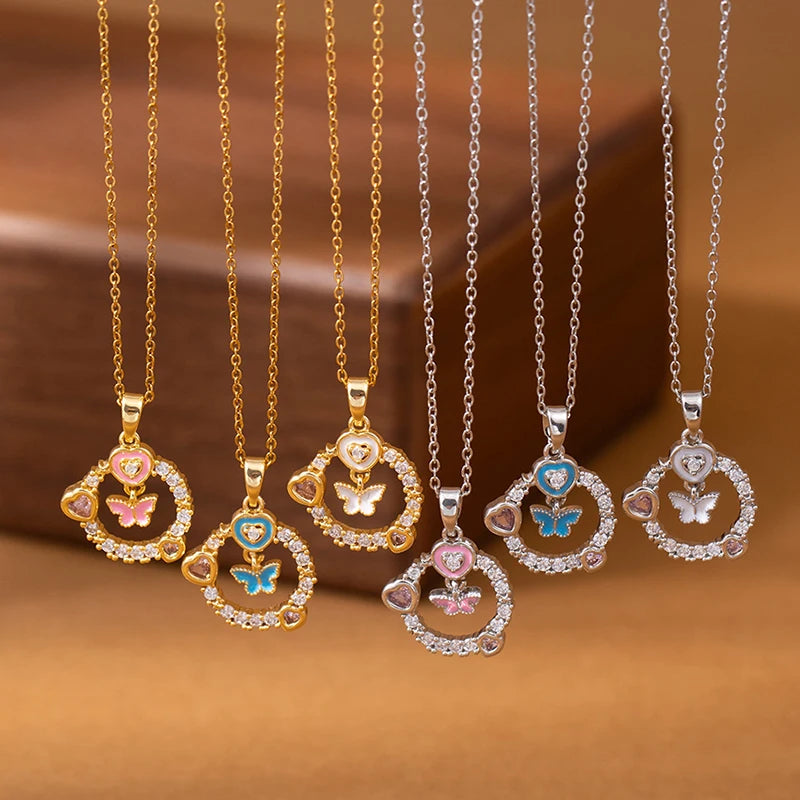 ANENJERY 316L Stainless Steel Flower Butterfly Shell Pendant Necklace For Women Delicate Elegant Fashion Jewelry Gifts Wholesale