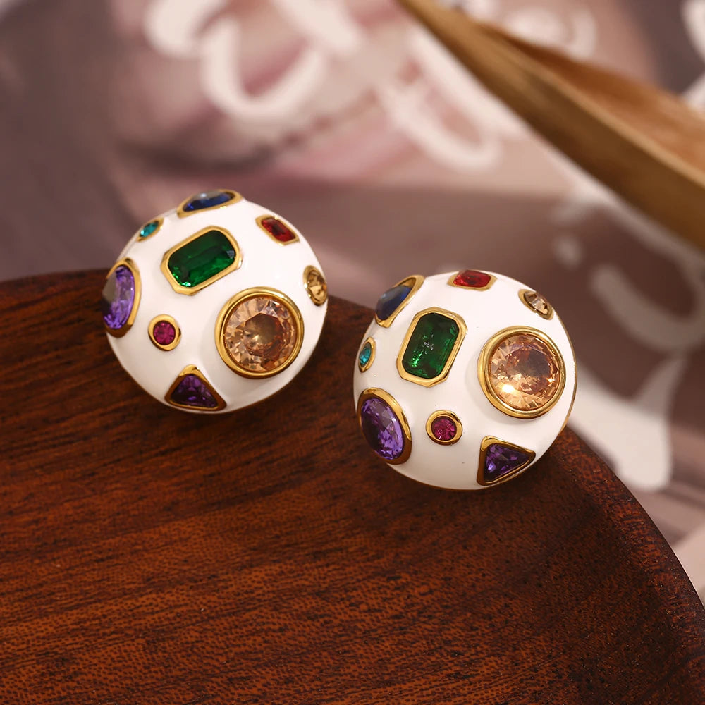 E.B.belle White Enamel Geometric Colored Zirconium Spherical Earrings 18K Gold Plated Gift 316L Stainless Steel Women's Earrings