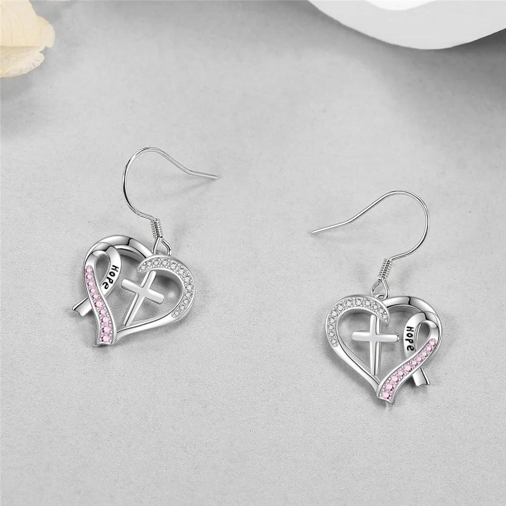 Charm Female Crystal White Pink Stone Cross Heart Earrings Cute Trendy Bridal Silver Color Wedding Jewelry For Women