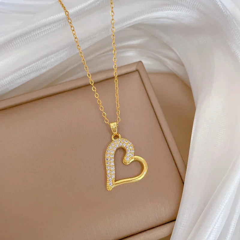 Luxury Heart Necklace for Women Full Paved Bling Cubic Zirconia 14k Gold Color Exquisite Necklace Female Wedding Jewelry