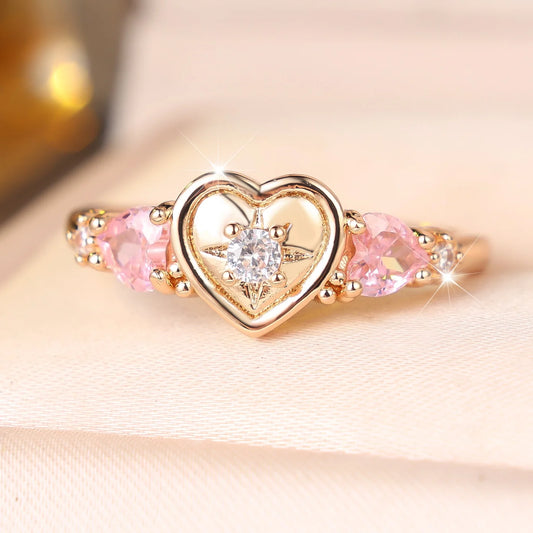 Small Cute Female Pink Heart Zircon Stone Round Ring Gold Color Wedding Jewelry For Women