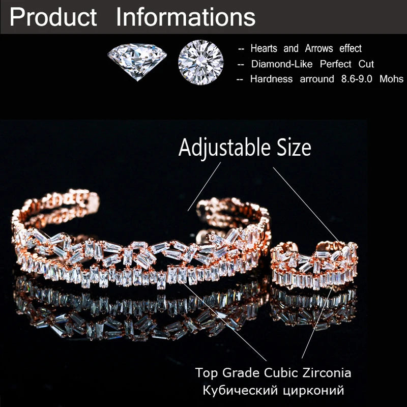 ThreeGrace Fashion Sparkling Cubic Zirconia Adjustable Size Bangle Ring Set for Women New Trendy Wedding Party Jewelry JS538