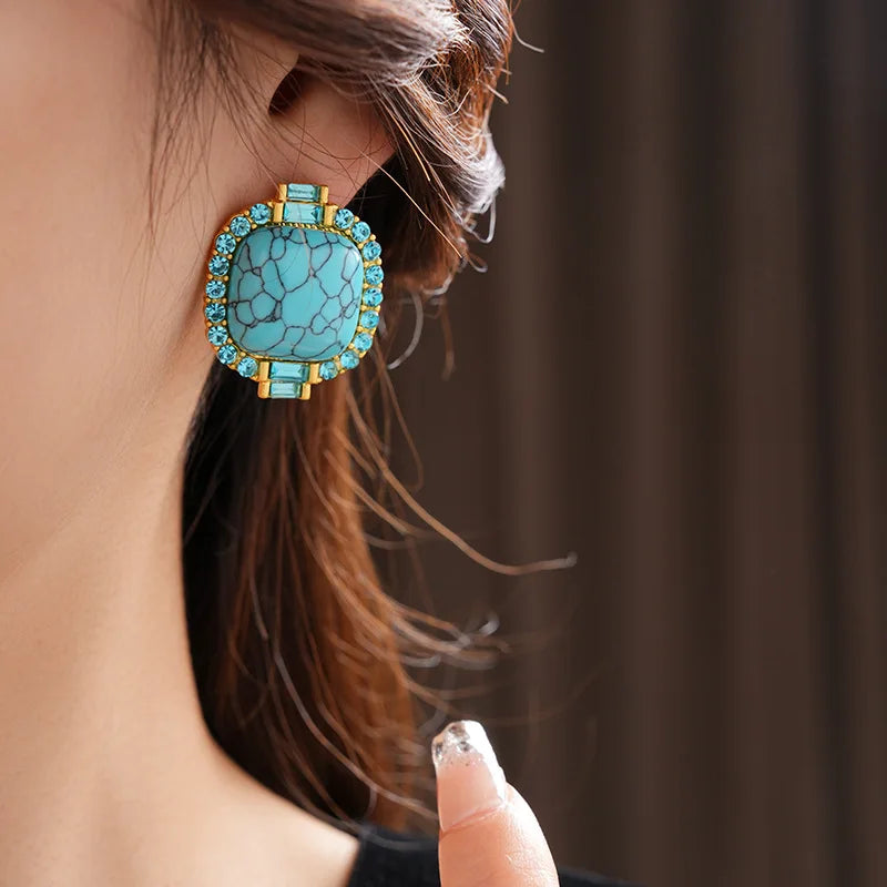 Exquisite Artificial Blue Turquoise Stone Stud Earings Retro Round Square Rhinestones Ear Stud for Lady High-end Jewelry Gift N1