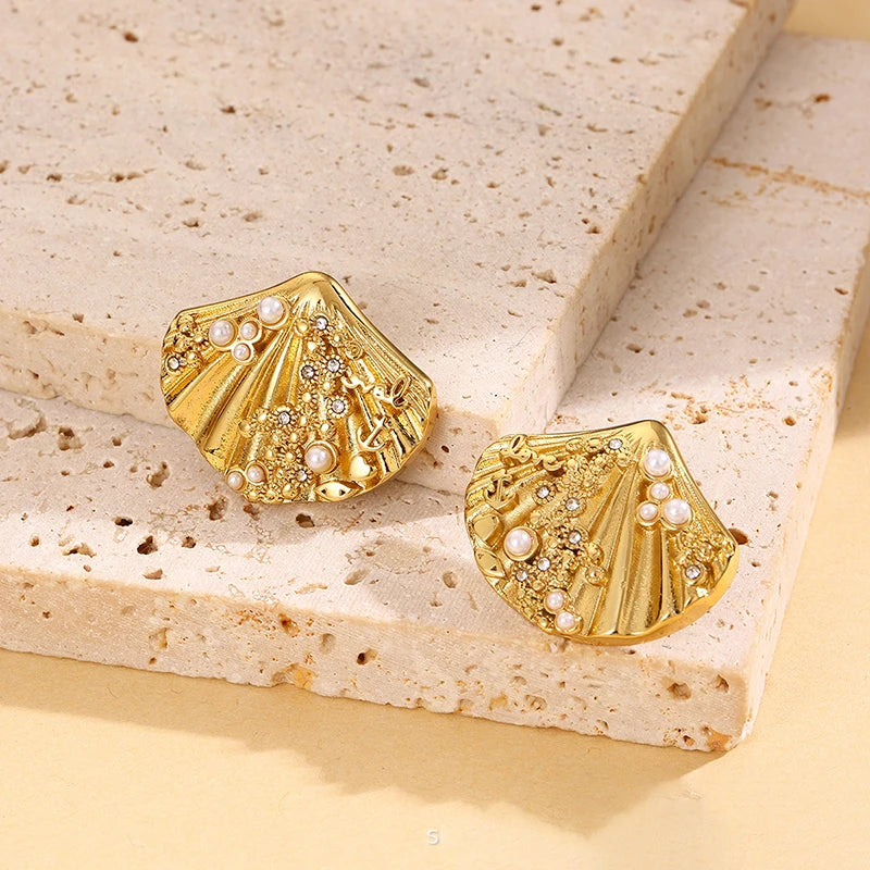 EILIECK 316L Stainless Steel Starfish Shell Zircon Stud Earrings For Women Fashion Waterproof Ear Jewelry Girls Gift Bijoux