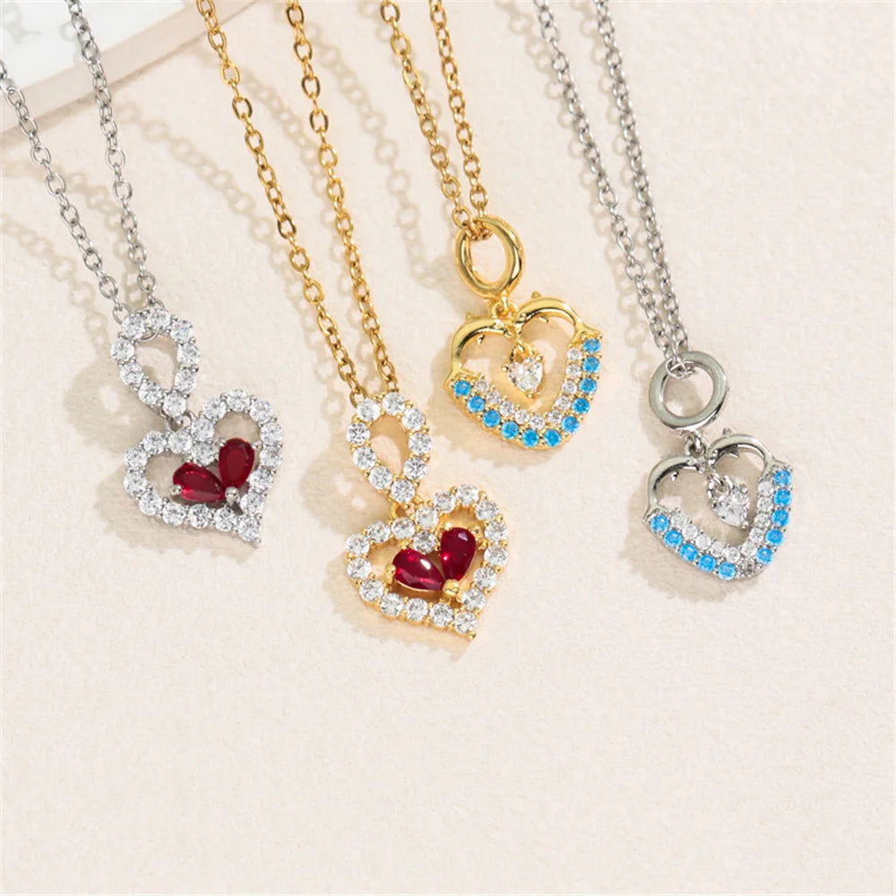Small Heart Love Charm Female White Red Bule Zircon Fashion Pendant Necklace Gold Silver Color Wedding Jewelry For Cute Women