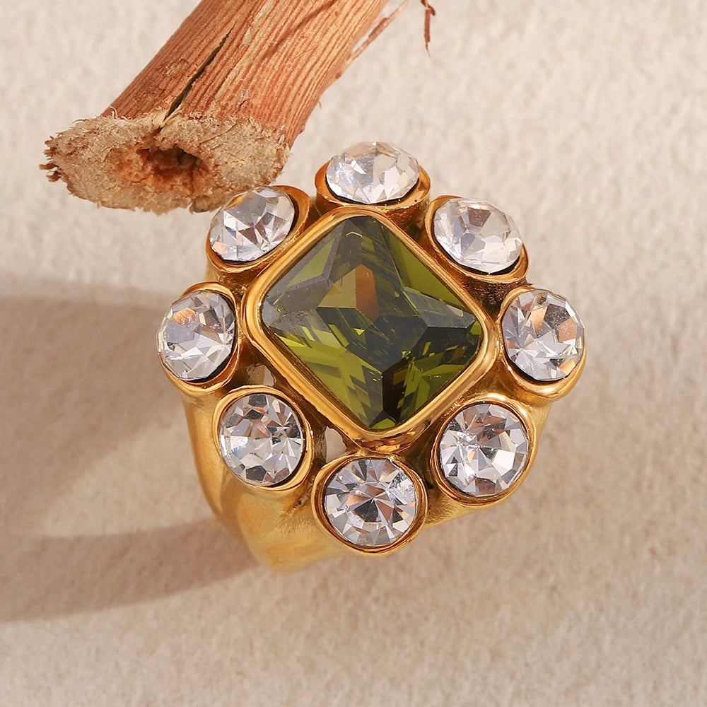 E.B.belle Party Shiny Flower Luxury Clear Green Zircon Ring Stainless Steel PVD Plated Fashion Women Stetement Jewelry